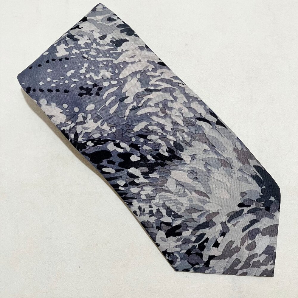 Splatter Paint Neck Tie Italian 100% Silk Hand Made Silver Grey Black Abstract